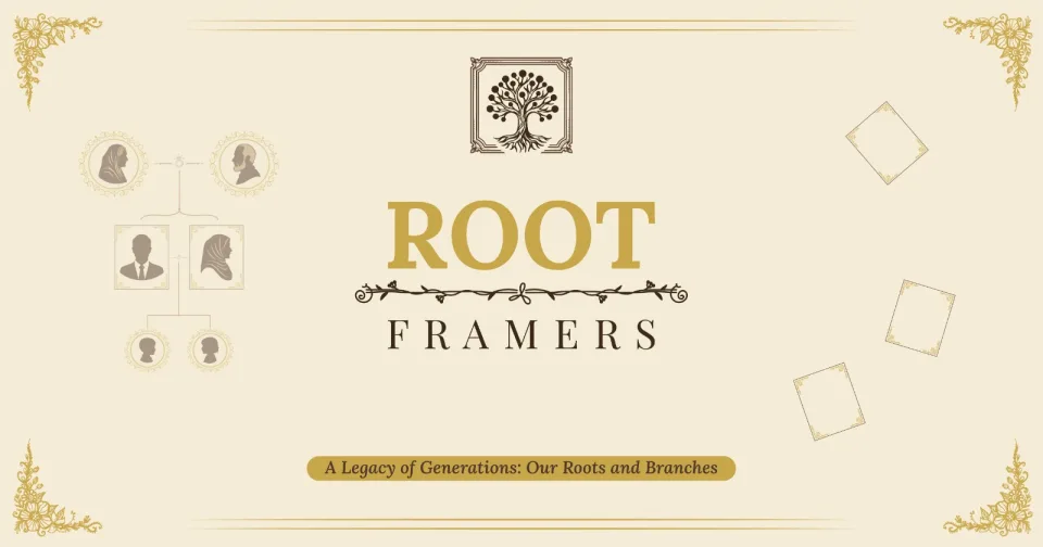 A Root Framers family tree frame hanging on a living room wall